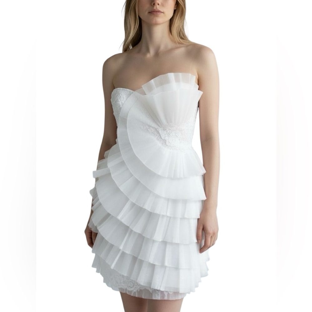 Cinderella Devine Vtg 3D Beaded Tiered Strapless White Wedding Cocktail Dress